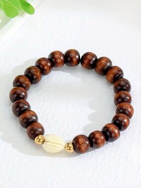 Wood Bead Bracelet Island Style Shell Accent Stretch Bracelet